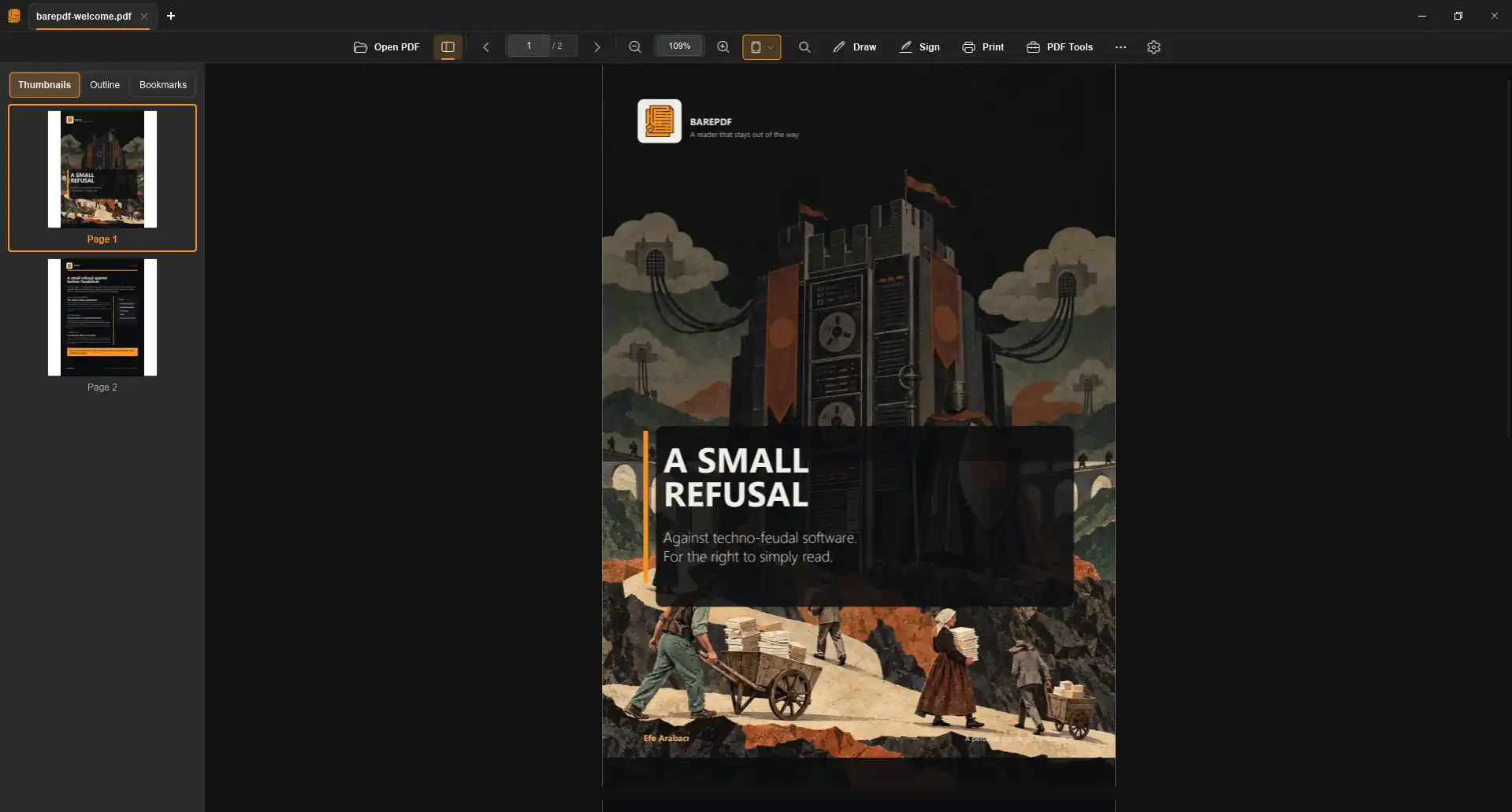 BarePDF desktop PDF reader showing a dark Fluent-style command bar, thumbnail sidebar, and report document